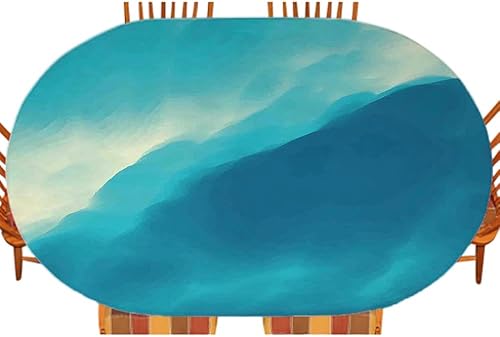 Moderno mantel ajustable elástico ovalado, imagen de ondas de nube con aspecto degradado, impresión de ilustraciones contemporáneas de color