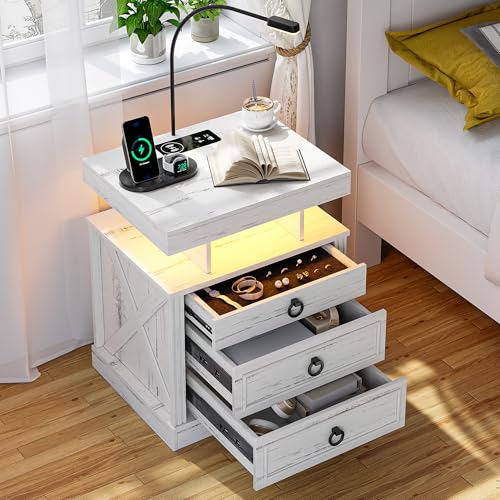 Lvifur LED Mesitas de Noche, mesita de Noche con cajón para Armas, mesita de Noche con Carga y Puerto USB y Tipo C, luz con Sensor Humano, Compartimento Abierto y 2 cajones，Blanco