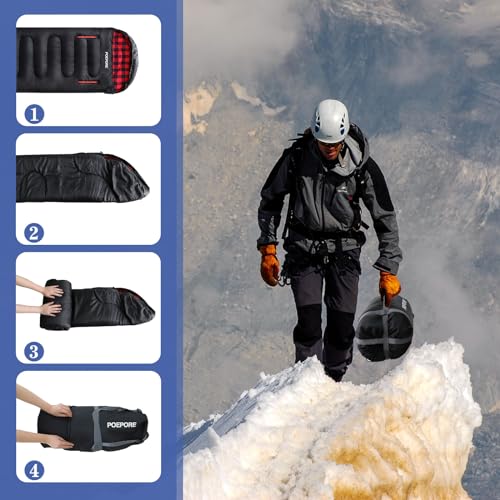 Poepore Flannel Sleeping Bag Lightweight Warm Weather 3-4 Seasons For Adults Xl Wearable Sleeping Bag Waterproof With Compression Sack Black/Red thumb #6