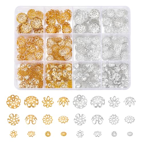 UNICRAFTALE About 1260Pcs 2 Colors Flower Bead End Caps Flower Filigree Bead Caps Gold Spacer Beads Caps Ends Iron Bead Caps Loose Spacer Beads Bulk Earrings for Bracelet Jewelry Making