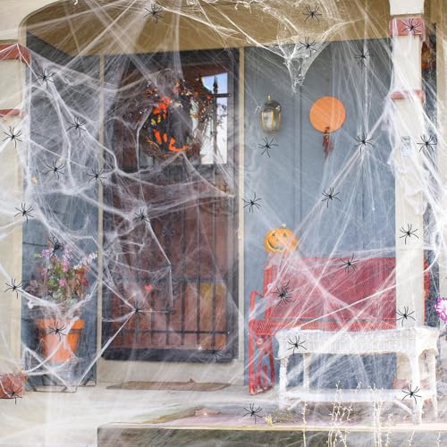 Tecido de aranha Halloween com 20 aranhas de plástico, teias de aranha elásticas brancas, teia de Halloween, tecido de aranha elástico, teias de aranha decoração para casa encantada, jardim, lareira,