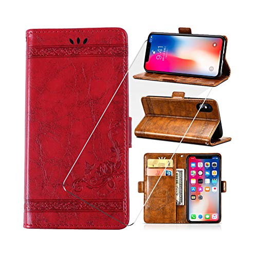 PZEMIN Etui für Oppo Find X2 Neo Hülle Flip Lederhülle Ledertasche Leder Schale TPU Case Cover Schutz + 2X Panzerglas Schutzfolie für Oppo Find X2 Neo Displayschutzfolie (6.5") - Red