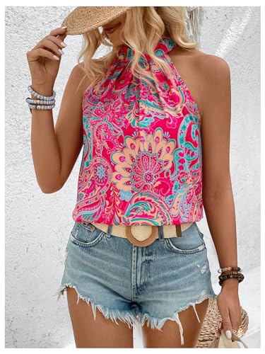 Image of RoseSeek Women's Tropical Paisley Halter Blouse Boho Shirt Vacation Tops