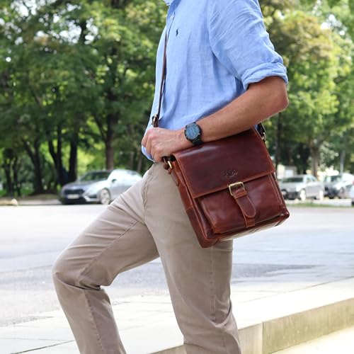 SID & VAIN Torba na ramię NICO ze skóry w stylu vintage I Messenger Bag dla mężczyzn I torba na ramię brązowa ręcznie, koniak, m