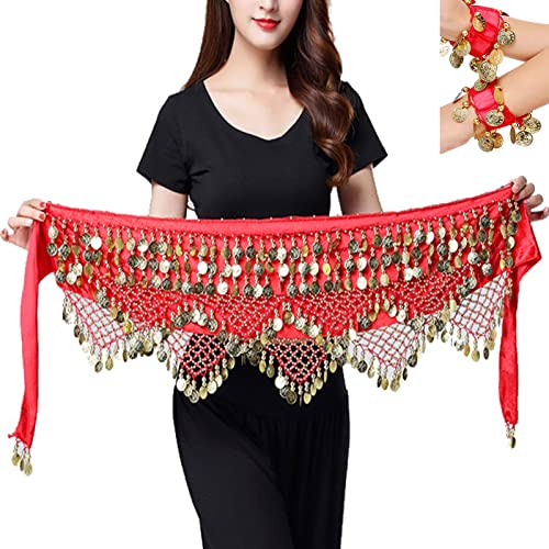 AWOCAN Bauchtanz-Hüftschals für Damen Chiffon baumelnd Bauchtanz Hüftschal Wickelrock Bauchtanz Taillengürtel mit Münzquaste 3 Stück rot Einheitsgröße