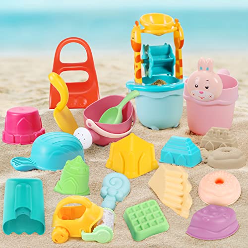 RenFox Beach Toys for Kids, 24pcs Sand Castle Toys for Beach Includes Waterwheel, Shovel, Bucket, Watering Can and Various Sand Molds Toys, Fun Sandcastle Building Kit Gifts for Kids Toddlers 3-10