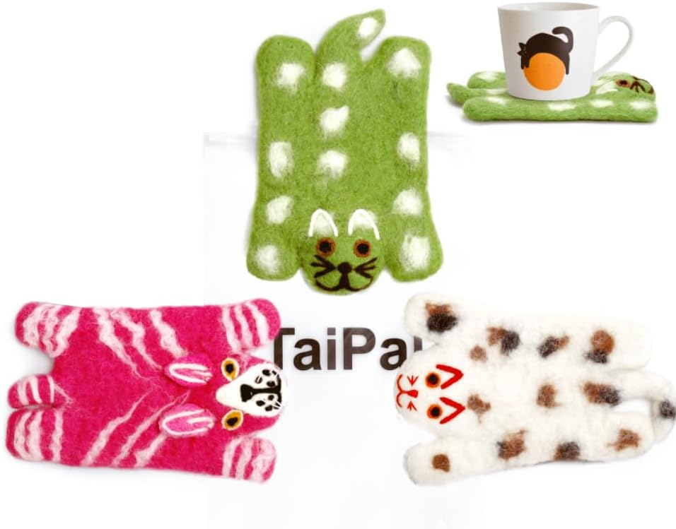 Miniatura 5 de Juego de posavasos de fieltro de lana hechos a mano para gatos, 3 adorables gatos, posavasos con forma de bebida, tapetes antideslizantes para