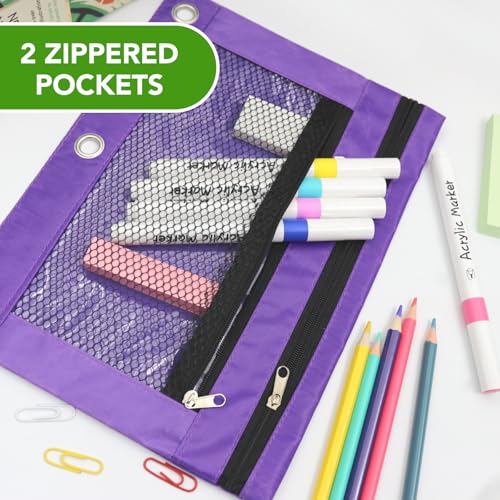 Image of Pencil Pouch for 3 Ring Binder, Heavy Duty Canvas Dual Zipper Pen Bag with Clear Window, Smooth Metal Zipper, Fit Standard 3-Ring Binders for School Office Travel Supplies (Purple)