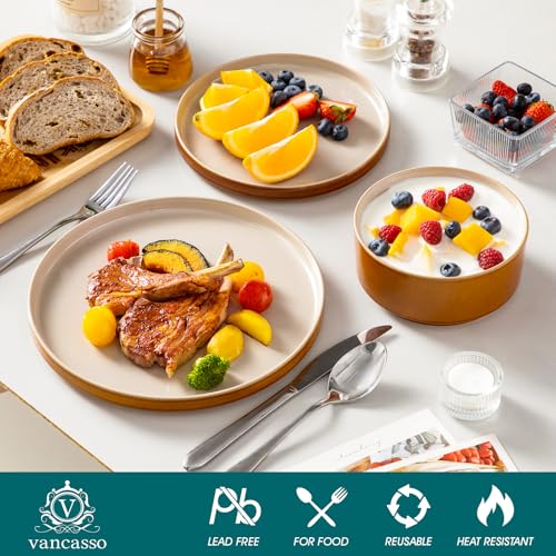 Image of vancasso ONION Ceramic Plates and Bowls Sets, 24 Pieces Grey Dinnerware Sets for Kitchen, Reactive Glaze Dishes Set for 8, Dishwasher and Microwave Safe