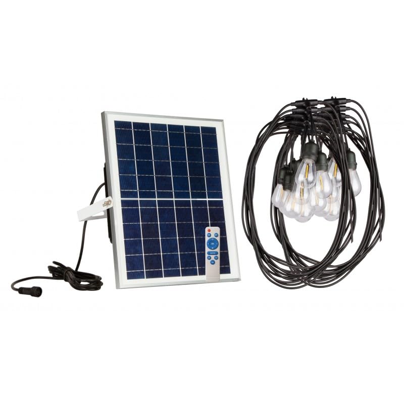 Jandei - Guirnalda Solar Exterior 20 Bombillas ST64 E27, Panel Solar 35x23cm Separado y 20 Metros con Mando Incluido. Blanco Cálido 3000K,Impermeable Cadena de Luces para Jardín, Patio, Negocio...