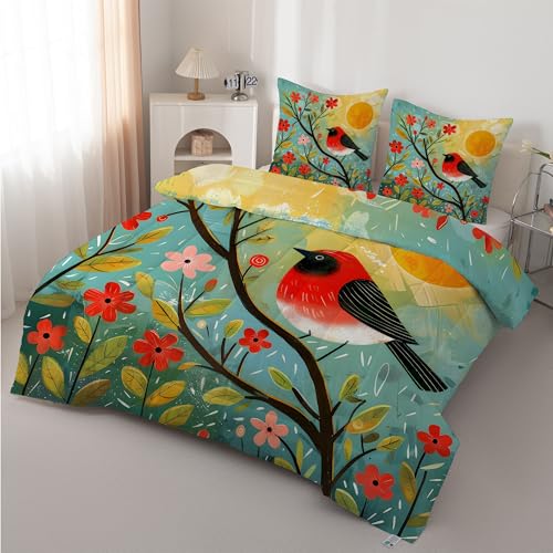 Boceoey Pájaro Edredón Nórdico Cama 90 Flores - Edredón Reversible Ligero y Suave, Diseño Sol Acuarela Relleno Nórdico 4 Estaciones 180x220 cm y 2 Fundas de Almohada 50x75 cm AX-565