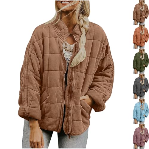 Womens Quilted Jacket Full Zip Winter Thick Warm Puffer Jacket Stand Collar Oversized Casual Outwear Coat with Pocket plus size lightweight quilted jackets for women Coffee L