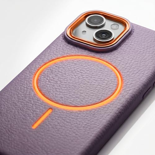 Image of amazon basics Luxury MagSafe Compatible Leather Texture Back Cover for iPhone 13 | Raised Camera Protection | Slim Fit Shockproof Case with Metallic Accents (Purple)