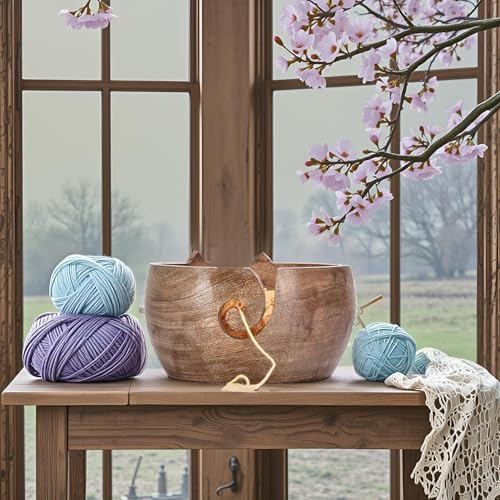 Image of Large Cat Yarn Bowl, 7 x 4 Inch Wooden Crochet Holder | Mango Wood, Holds 2-3 Yarn Balls, 5 Hook Slots, Tangle-Free, Smooth Finish, Cat Shape, Giftable