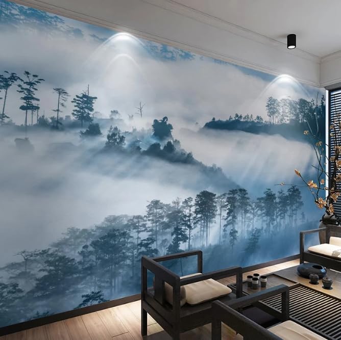 Paysage de forêt brumeuse papier peint 3D pour chambre zen