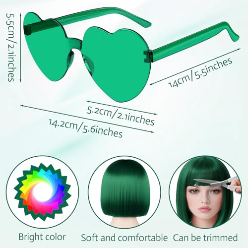 Image of MEEZY Dark Green Short Bob Wigs Straight Hair with Flat Bangs Heart Sunglasses for Women, Colorful Funny Cosplay Party Neon Wig Synthetic Natural As Real Carnival Halloween Costume