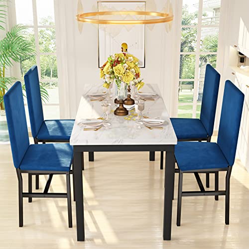 Hooseng Dining Table Set For 4- Space Saving Kitchen Table And Chairs For 4, Modern Style Faux Marble Tabletop & 4 Blue Velvet Chairs, Perfect For Dining Room, Kitchen, Breakfast Corner Small Spaces #TOP2