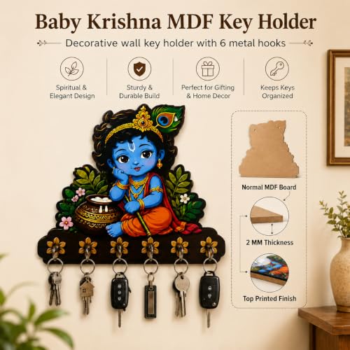 Image of Premium Baby Cute Krishna Key Holder for Home /Office Decor /Key Hanger for Wall Decor,Decorative Item for Home Handcrafted Krishna Wooden Key Holder 6 Hooks, Floral Pattern (10x10 inch)