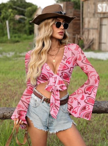 Image of For G and PL Women Tie Front Bell Sleeve Rave Crop Tops Floral Print Hippie Mesh Sheer Shirt