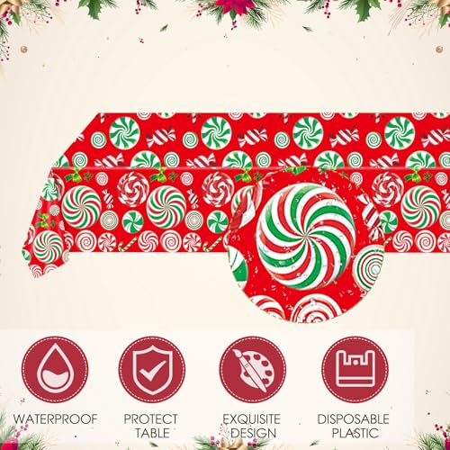Image of 41 Pcs Peppermint Party Tableware Set Include Christmas Candy Cane Paper Plates Napkins and Plastic Tablecloth Red Green Christmas Candy Winter Party Decor for Holiday Xmas