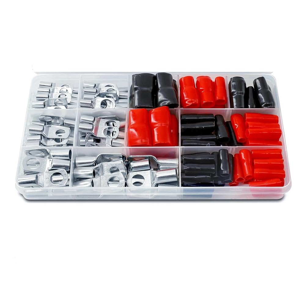 Jeu De 140 Cosses De Câble QWORK – 70 Cosses Cuivre étamé (25/16/10/6 Mm²) + 70 Capots Isolants, Pour Batterie Auto/boat/solaire