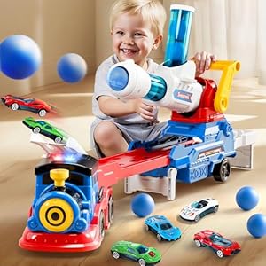 iPlay, iLearn Kids Launching Truck Toys for Boys Ages 3-5, Toddler Track Toy, 4 Mini Diecast Race Cars, Balls Shooting Game, Large Light Sound Carrier Train, Birthday Gifts for 4-6 7 8 9 Yrs Old Child