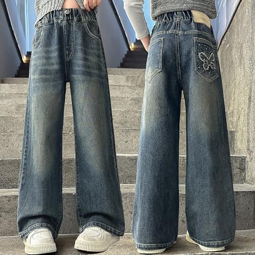 High Waist Girls Denim Pants Wide Leg Casual Jeans with Elastic Band and Pockets for Kids 6 to 14 Years Old3