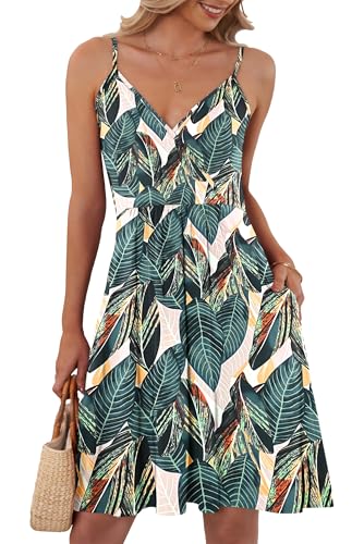 AUSELILY Summer Dresses for Women UK V Neck Spaghetti Strap Casual Dress Beach with Pockets Leaf Print XL