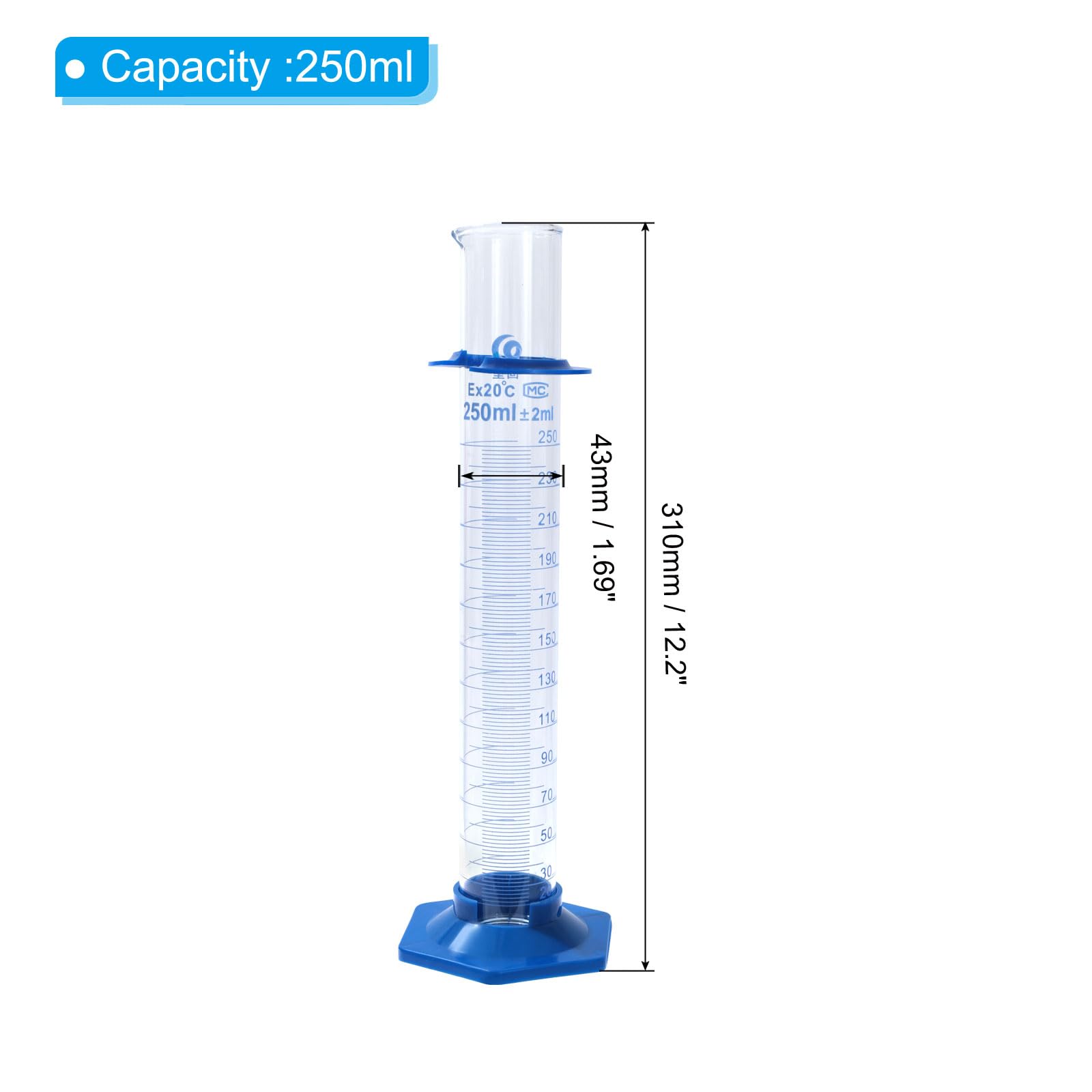 PATIKIL 250ml 3.3 Borosilicato Vetro Graduato Cilindro, Alto Trasparenza Plastica Base Blu Graduazioni Misuratore Cilindro per Laboratorio Casa Uso, Trasparente