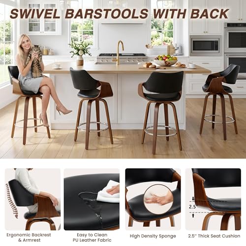 Image of HNY 26'' Modern Barrel Swivel Counter Stools Counter Height Swivel Bar Stools with Backs Set of 4, Black Faux Leather Bar Height stools, Farmhouse Solid Wood Barstools for Kitchen Island, Home Bar