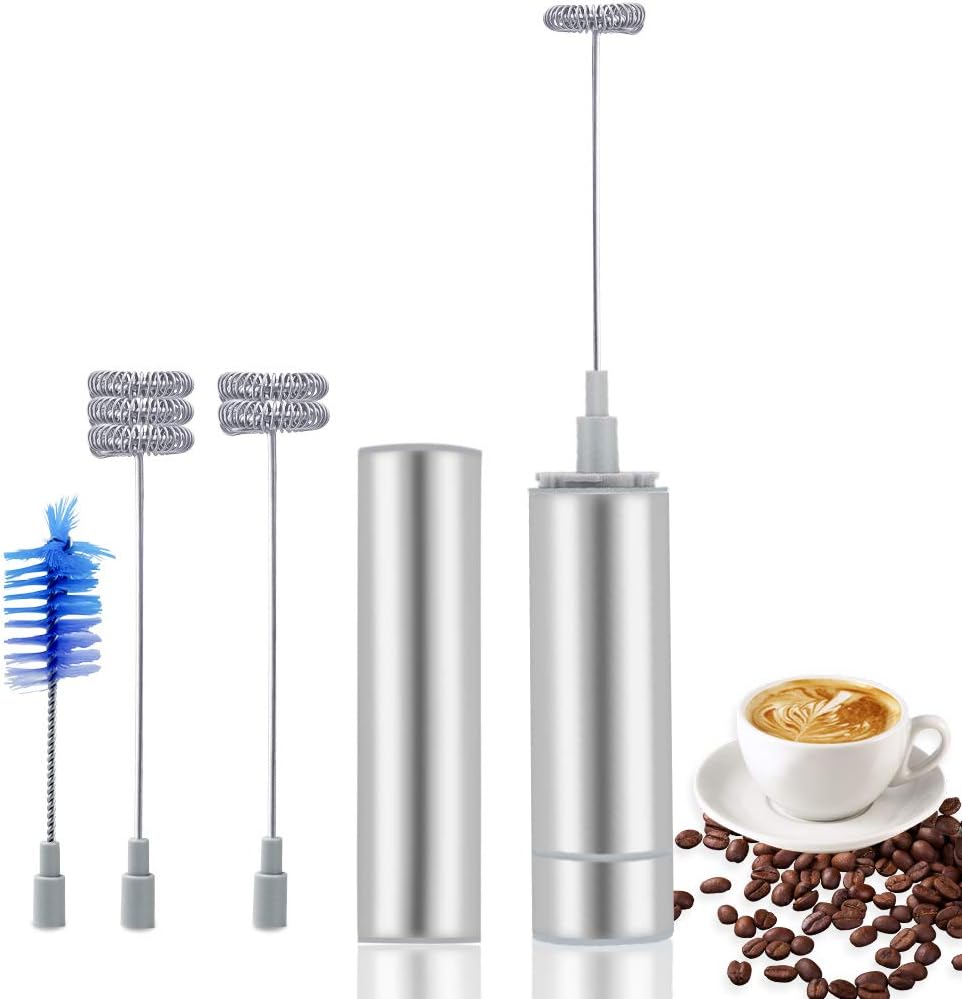 Handheld Milk Frother, Battery Operated Electric Foamer Maker Mixer for Bulletproof Coffee Lattes Cappuccino Hot Chocolate, Mini Drink Blender with 3 Stainless Steel Whisks&1 Cleaning Brush (Battery Not Included)