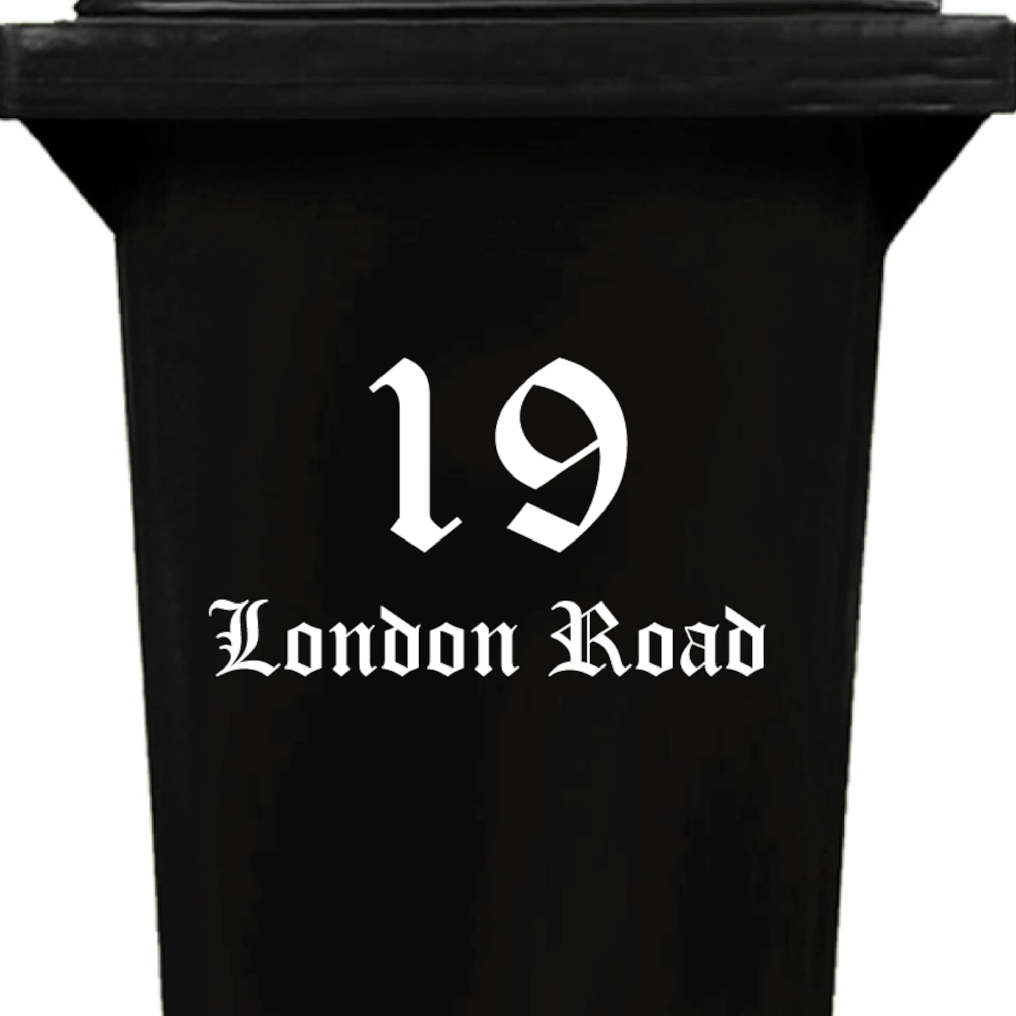 JustHouseSigns Personalised Bin Sticker with House Number and Street Name, Individual Wheelie Dust or Rubbish Bin Sticker, Weatherproof, UV-Resistant
