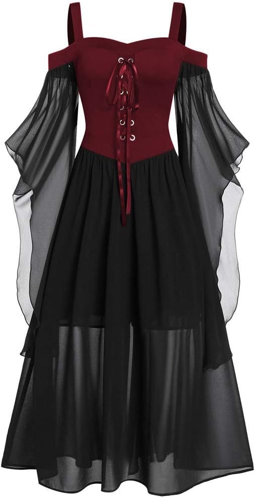 Lookhy Womne Plus Size Cold Shoulder Butterfly Sleeve Lace Up Halloween Dress Medieval Costume Women Corset Vintage Dress Renaissance Club Clothes Red