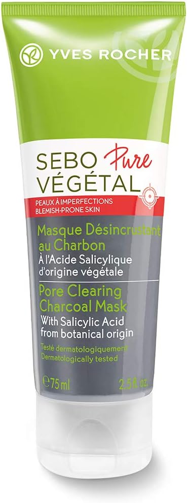 Yves Rocher Sebo Pure Végétal Pore Clearing Detoxifying Face Charcoal Mask for Acne-prone, Skin 75ml tube