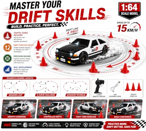 Image of Remote Control Sports Car & Off-Road SUV Toy for Kids, High Speed RC Racing with Wireless Remote, Realistic Lights & Premium Design Gift for Boys Girls (1:64 AE86)