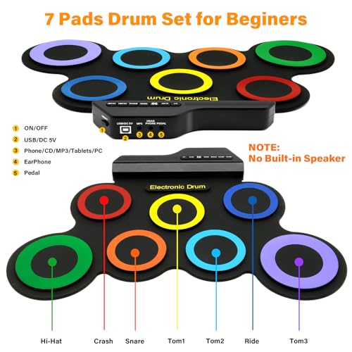 Image of Portable Electronic Drum Set - 7 Pads Roll up Drum Practice Pad with Pedals & Stick, Headphone, Jack in Drum Set Kit for Kids and Adults, Great Holiday Christmas & Birthday Gift
