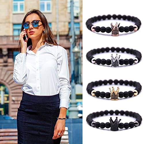 Hyhoney 4 Pcs Micro Pave Zircon Crown King Charm 6Mm Beads Bracelet For Men Women His And Hers Couple Bracelet Natural Black Matte Onyx Stone Hematite Beads Elastic Adjustable #TOP3