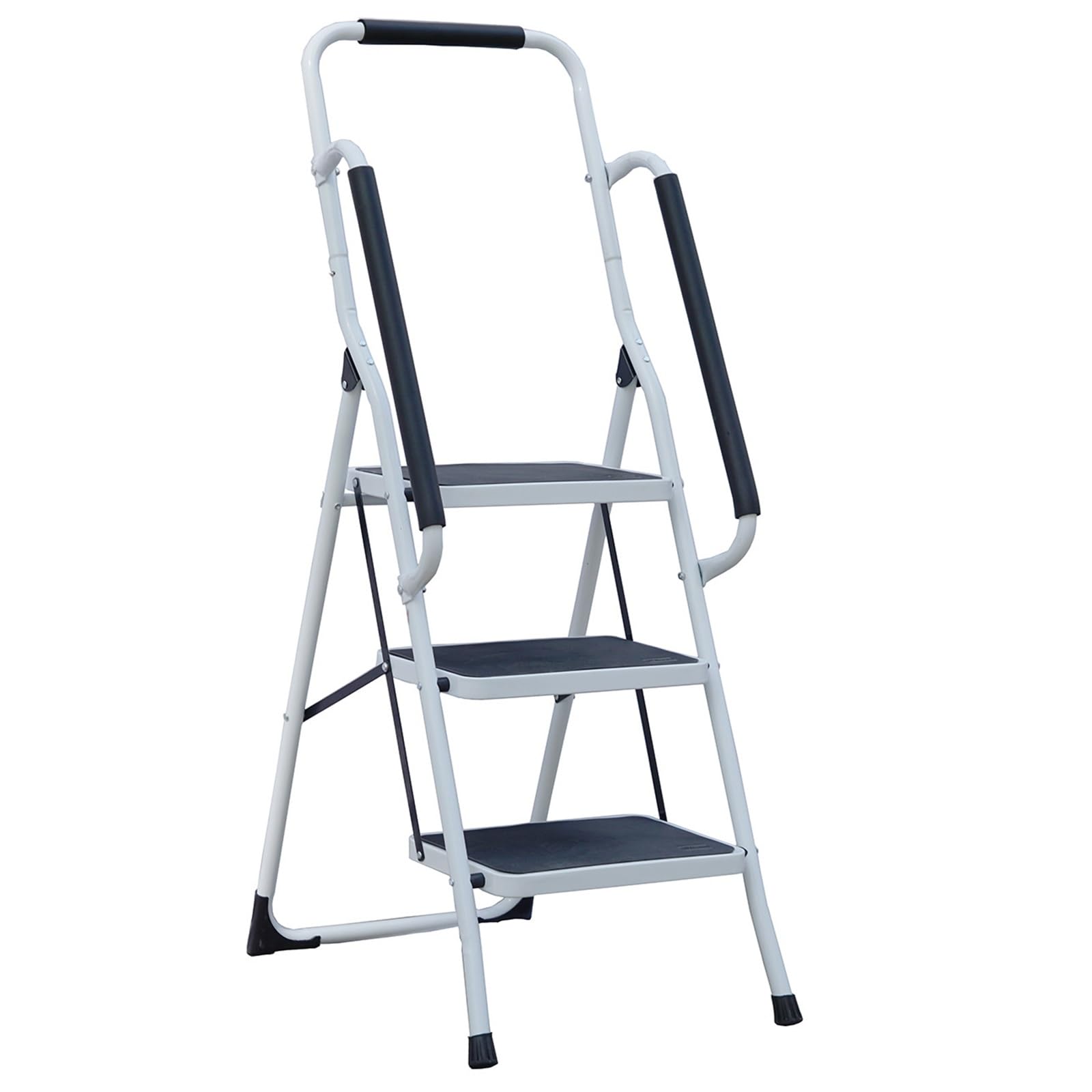Gr8 Home 3 Step Folding Stool with Handrail - Steel - White - 150kg Max Weight