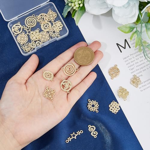 SUPERFINDINGS 24Pcs 12 Style Baroque Style Links Connectors Gold Double Hole Pendant Flower Flat Round Chinese Knot Connector Charms for DIY Jewelry Making hole: 1.2~2mm - Image 3