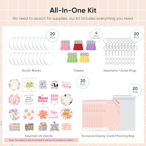 Image of YOPPIX 140 PCS Acrylic Keychain Blank Set, Funny Double-Sided UV DTF Stickers Acrylic Keychain Making Kits for Vinyl DIY Craft Project