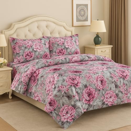 3 Pieces Flat Bedsheet Set with Floral Pattern King Size Bed Pillow Cover Set with 1 Bedsheet 2 Pillow. Bedding Set (Pink Floral King (U.K. Standard))