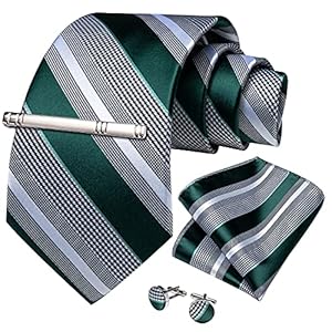 DiBanGu Men’s Emerald Green Grey Striped Tie Silk Woven Necktie Pocket Square Cufflink Set Formal
