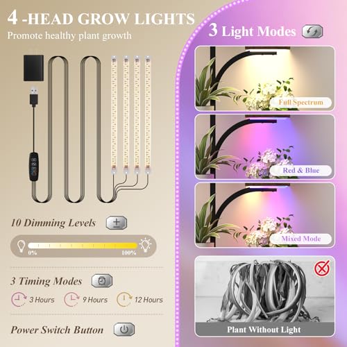 Image of ikkle Plant Stand Indoor with 4 Grow Lights & 3 Colors, 54 inch Tall 7-Tier Corner Plant Shelf for Indoor Plants Multiple, Tree-Shaped Flower Display Holder with Large Bottom Shelf for Tall Plants, Home Decor