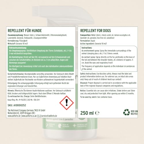 AniForte Zeckenspray für Hunde 250ml gegen Zecken & Flöhe – Zeckenschutz Hund mit Geraniol, Anti-Zecken-Mittel & Ungezieferspray, Floh- & Insektenschutz, Umgebungs- & Kontaktspray