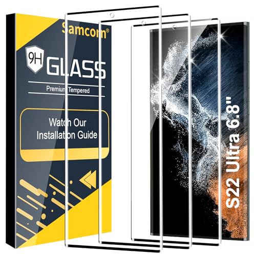 3 Pack Galaxy S22 Ultra Screen Protector, HD Clear Tempered Glass, Fingerprint Unlock, 3D Curved,...