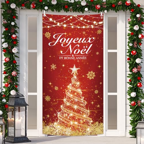 MEHOFOND 0,9 x 1,8 m Arbre de Noël doré décoré couvercle de porte, flocons de neige scintillants, étoiles, bannières décoratives festives à l'intérieur et à l'extérieur
