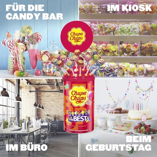 Chupa Chups Best of Lutscher-Dose mit Logo-Aufsatz, enthält 100 Lollis in 7 Geschmacksrichtungen, praktische Pop-Art Aufbewahrungs-Dose, geeignet für Geburtstag, 100 x 12g