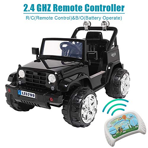 VALUE BOX Kids Ride On Truck, 12V Battery Motorized Ride on Jeep Toy Car w/ 2.4G Remote Control, Twin Motors, Music, Horn, LED Lights, MP3, Safe Seat Belts, Kids Electric Vehicle (Black)