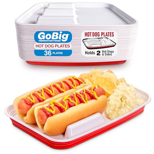 Gobig Hot Dog Food Trays With Dividers - 36 Pack Disposable Red Party Cup Hot Dog Plates