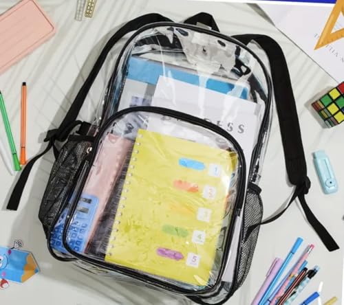 Transparent Backpack, With Water-Resistant PVC Plastic Material and Ruggedly Reinforced Shoulder Straps, Clear - Large Capacity for College Workplace - Black/Transparent4